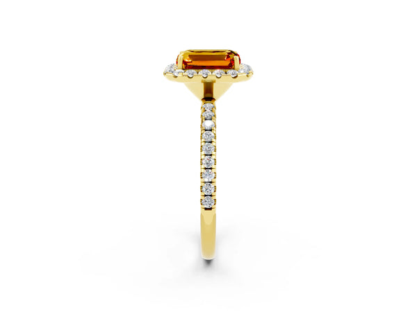 Yellow gold Emerald Cut Citrine Halo Ring with Round Pavé Band and Prong Setting