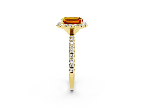 Yellow gold Emerald Cut Halo Round Diamond Pavé Band Four-Prong Ring_2