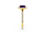 Yellow gold Emerald Cut Halo Round Diamond Pavé Band Four-Prong Ring_2