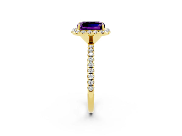 Yellow gold Emerald Cut Amethyst Halo Ring with Round Pavé Band and Prong Setting