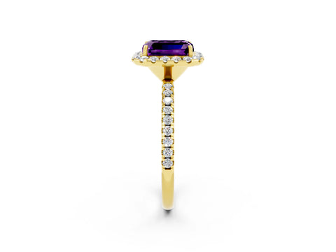 Yellow gold Emerald Cut Halo Round Diamond Pavé Band Four-Prong Ring_2