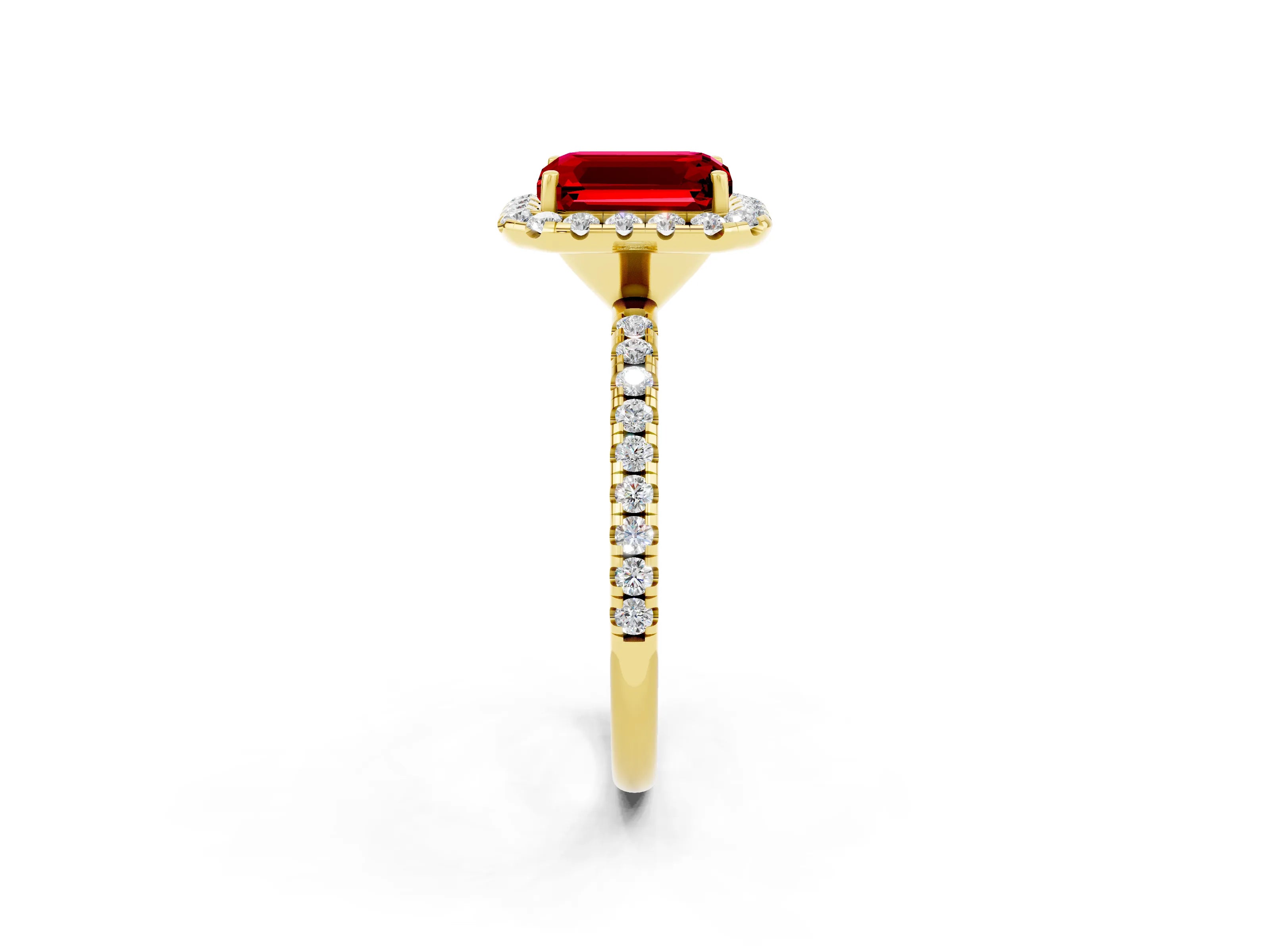 Yellow gold Emerald Cut Halo Round Diamond Pavé Band Four-Prong Ring_2
