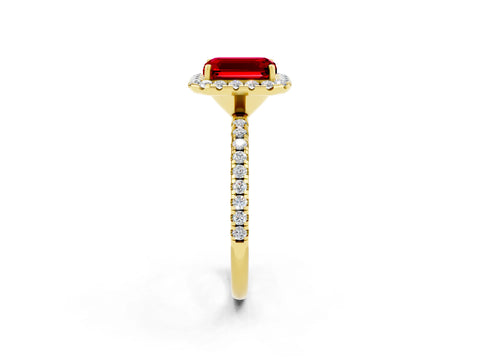 Yellow gold Emerald Cut Halo Round Diamond Pavé Band Four-Prong Ring_2