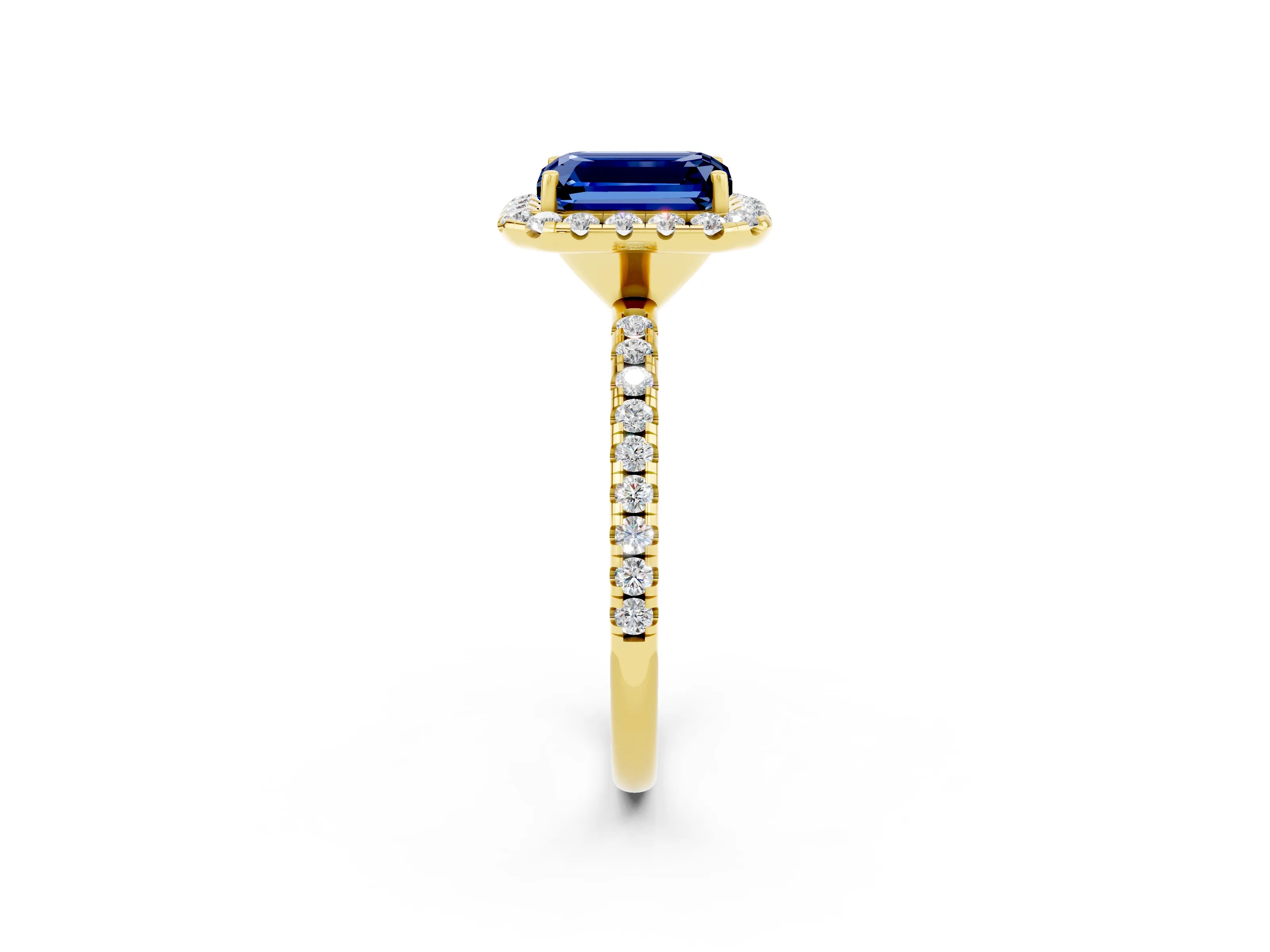 Yellow gold Emerald Cut Halo Round Diamond Pavé Band Four-Prong Ring_2