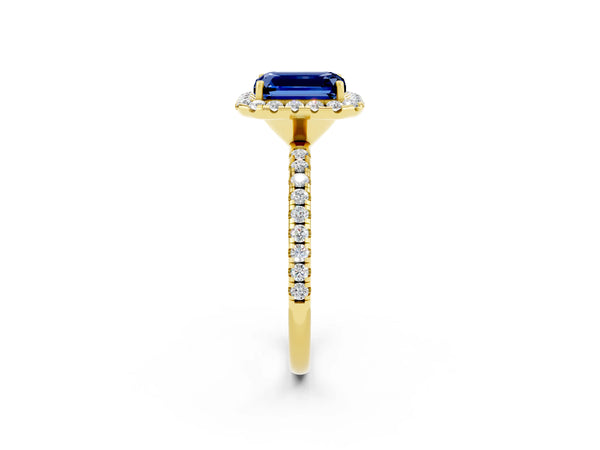 Yellow gold Emerald Cut Blue Sapphire Halo Ring with Round Pavé Band and Prong Setting