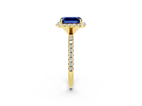 Yellow gold Emerald Cut Halo Round Diamond Pavé Band Four-Prong Ring_2