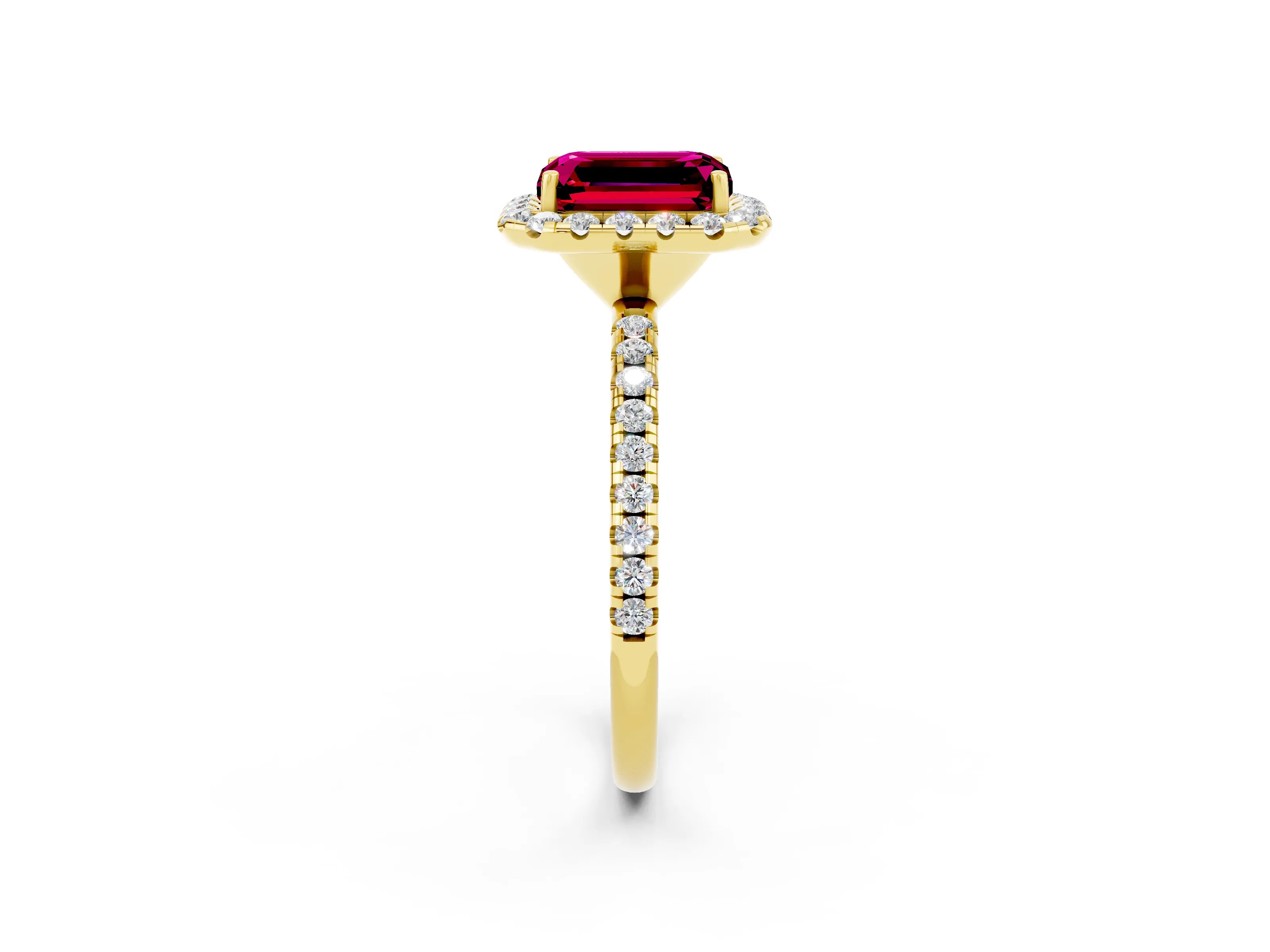 Yellow gold Emerald Cut Halo Round Diamond Pavé Band Four-Prong Ring_2