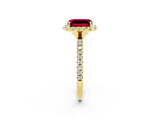 Yellow gold Emerald Cut Halo Round Diamond Pavé Band Four-Prong Ring_2