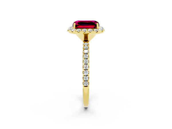 Yellow gold Emerald Cut Garnet Halo Ring with Round Pavé Band and Prong Setting