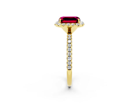 Yellow gold Emerald Cut Halo Round Diamond Pavé Band Four-Prong Ring_2