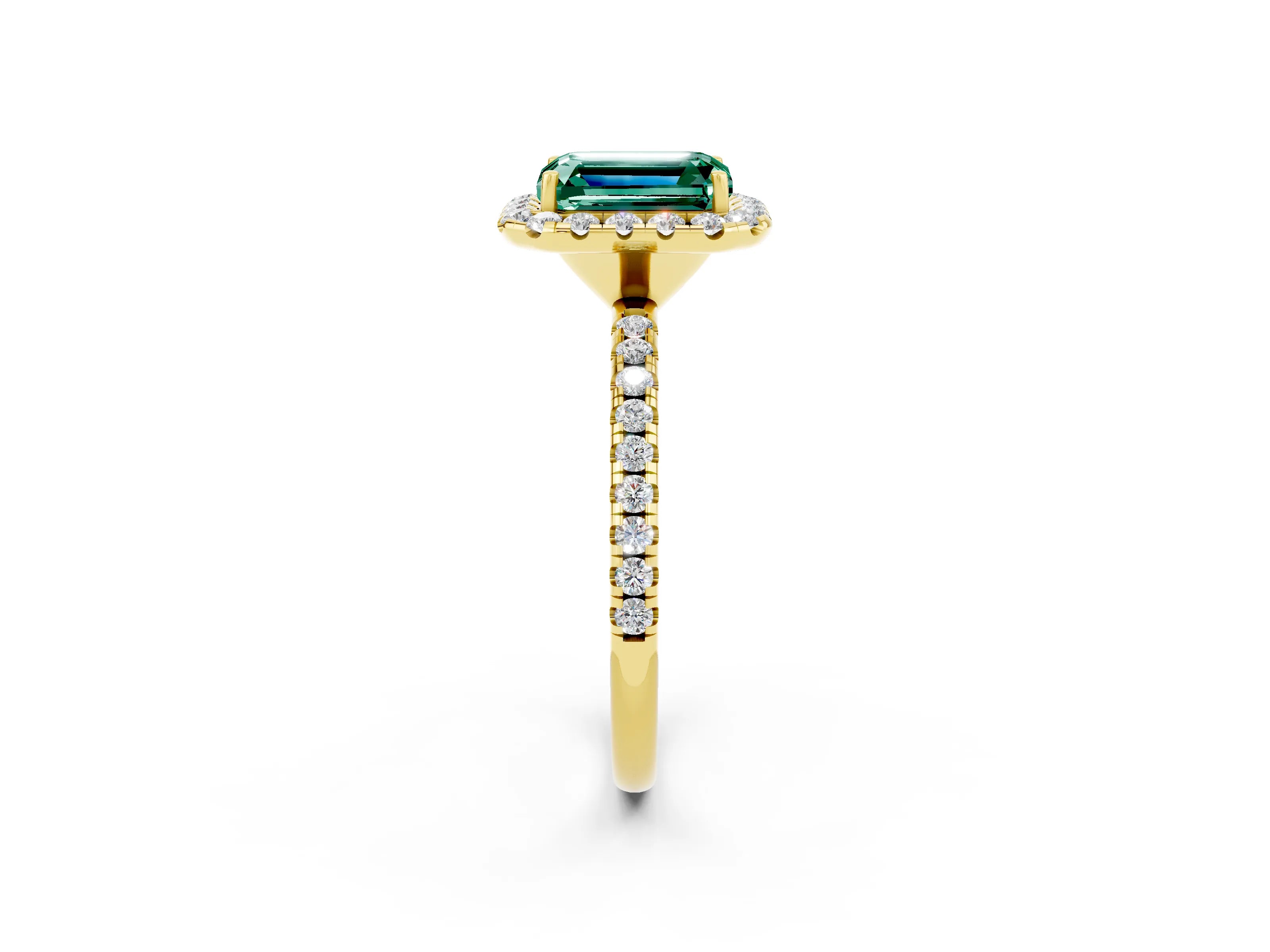 Yellow gold Emerald Cut Halo Round Diamond Pavé Band Four-Prong Ring_2