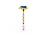 Yellow gold Emerald Cut Halo Round Diamond Pavé Band Four-Prong Ring_2