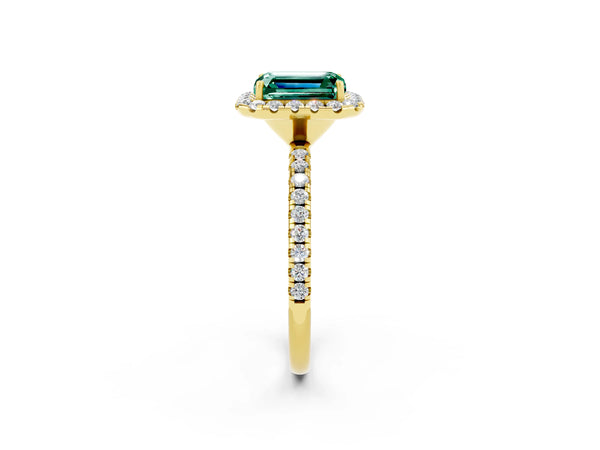Yellow gold Emerald Cut Green Sapphire Halo Ring with Round Pavé Band and Prong Setting