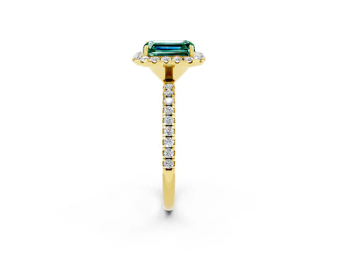 Yellow gold Emerald Cut Halo Round Diamond Pavé Band Four-Prong Ring_2
