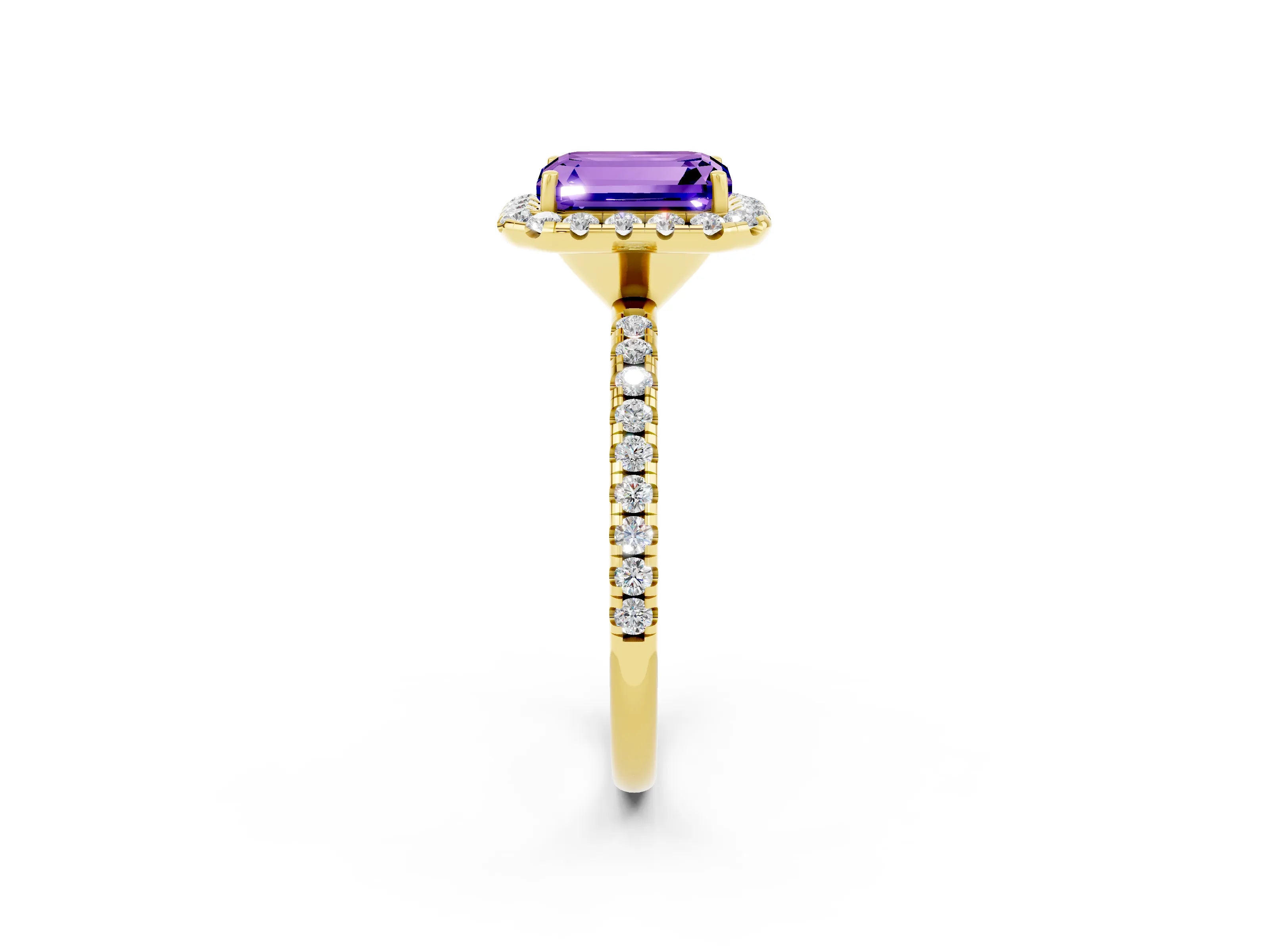 Yellow gold Emerald Cut Halo Round Diamond Pavé Band Four-Prong Ring_2