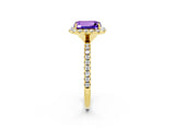 Yellow gold Emerald Cut Halo Round Diamond Pavé Band Four-Prong Ring_2