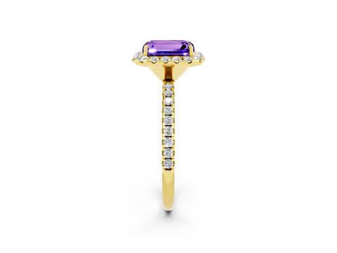 Yellow gold Emerald Cut Halo Round Diamond Pavé Band Four-Prong Ring_2