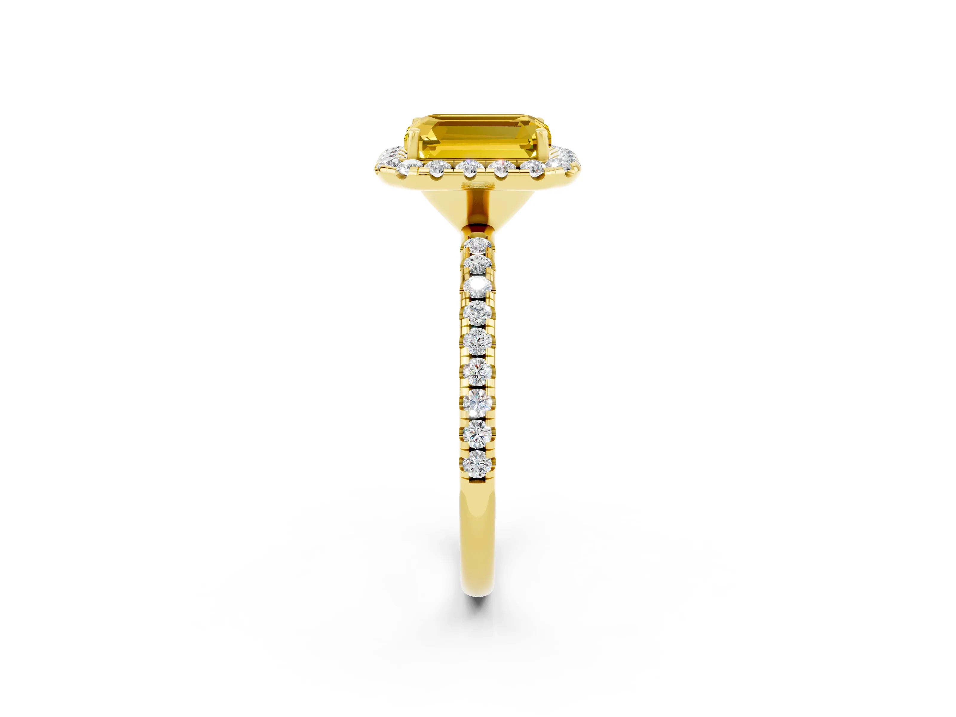 Yellow gold Emerald Cut Halo Round Diamond Pavé Band Four-Prong Ring_2