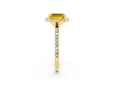 Yellow gold Emerald Cut Halo Round Diamond Pavé Band Four-Prong Ring_2
