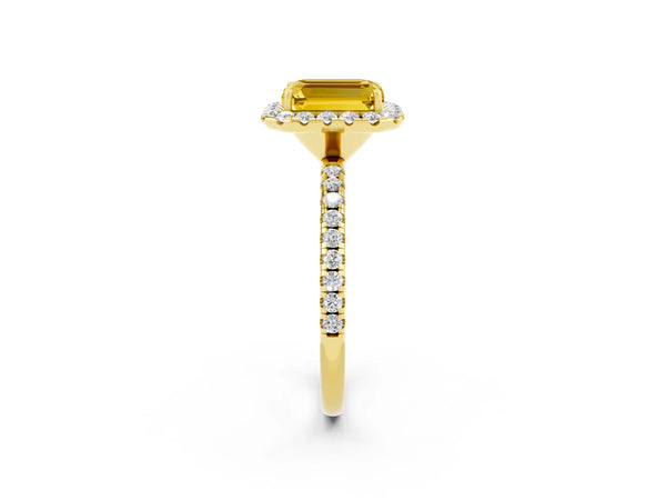 Yellow gold Emerald Cut Yellow Sapphire Halo Ring with Round Pavé Band and Prong Setting