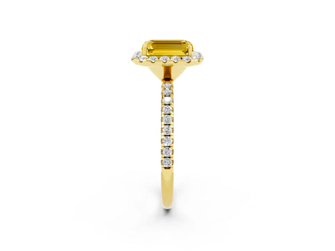 Yellow gold Emerald Cut Halo Round Diamond Pavé Band Four-Prong Ring_2