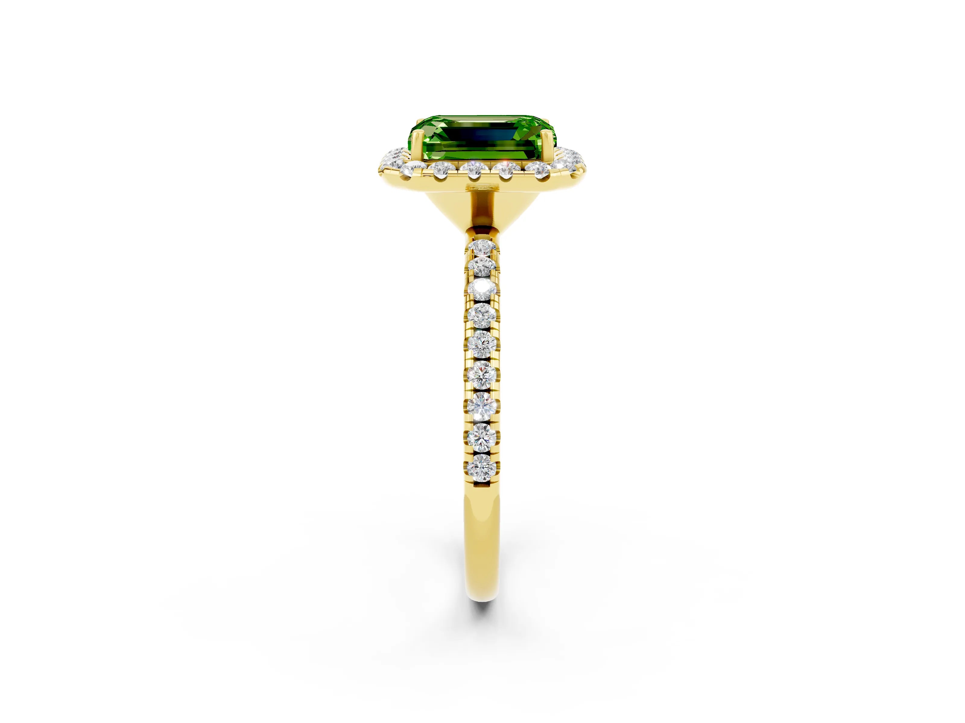 Yellow gold Emerald Cut Halo Round Diamond Pavé Band Four-Prong Ring_2