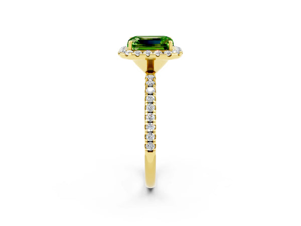 Yellow gold Emerald Cut Halo Round Diamond Pavé Band Four-Prong Ring