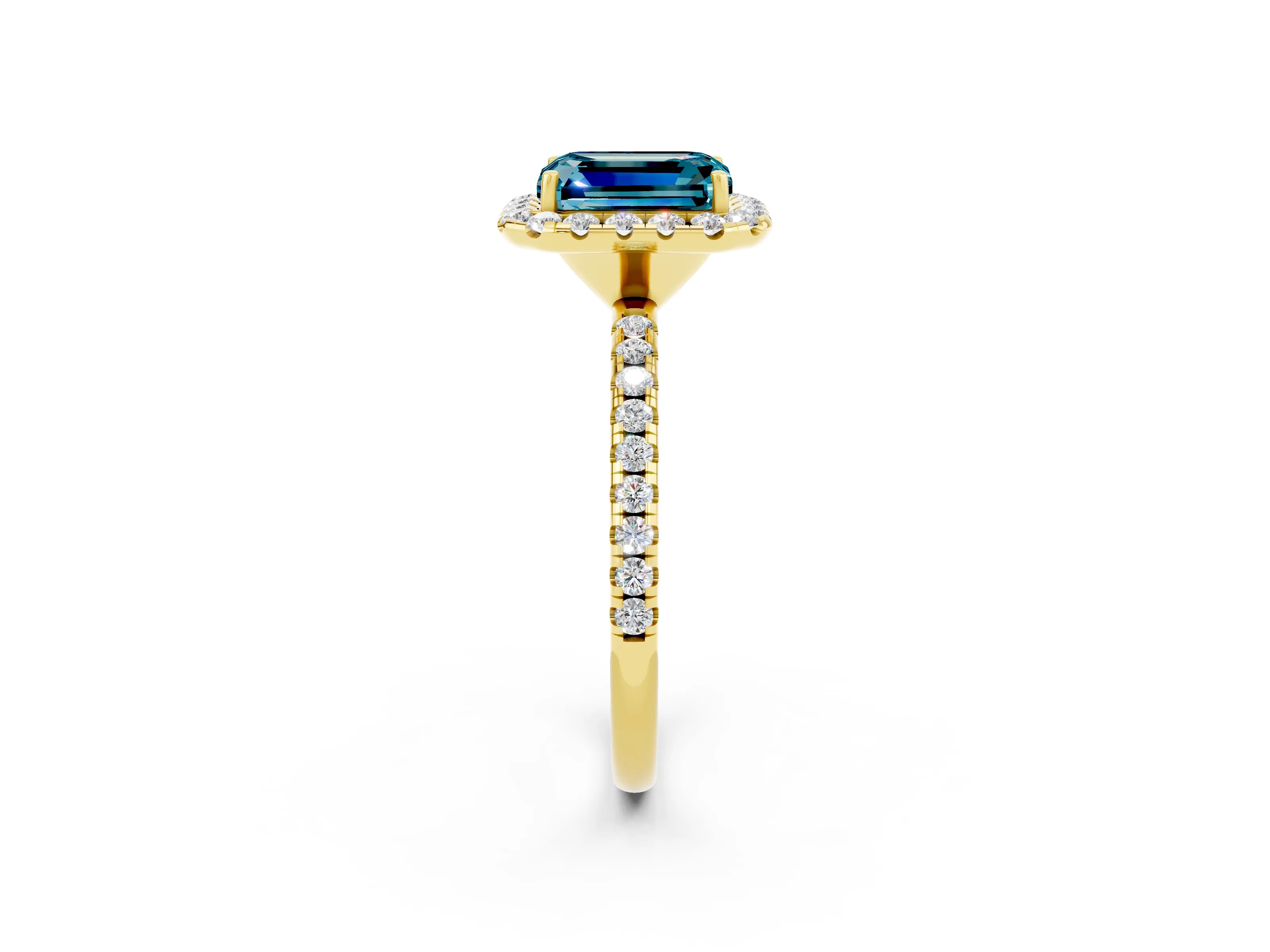 Yellow gold Emerald Cut Halo Round Diamond Pavé Band Four-Prong Ring_2