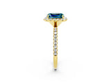 Yellow gold Emerald Cut Halo Round Diamond Pavé Band Four-Prong Ring_2