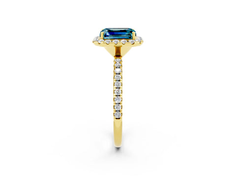 Yellow gold Emerald Cut Halo Round Diamond Pavé Band Four-Prong Ring_2