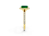 Yellow gold Emerald Cut Halo Round Diamond Pavé Band Four-Prong Ring_2