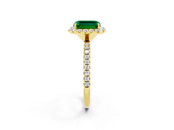 Yellow gold Emerald Cut Emerald Halo Ring with Round Pavé Band and Prong Setting