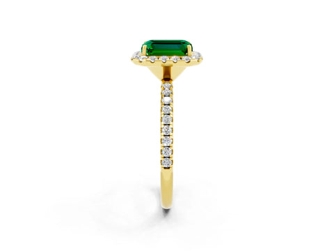 Yellow gold Emerald Cut Halo Round Diamond Pavé Band Four-Prong Ring_2