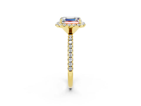 Yellow gold Emerald Cut Halo Round Diamond Pavé Band Four-Prong Ring_2