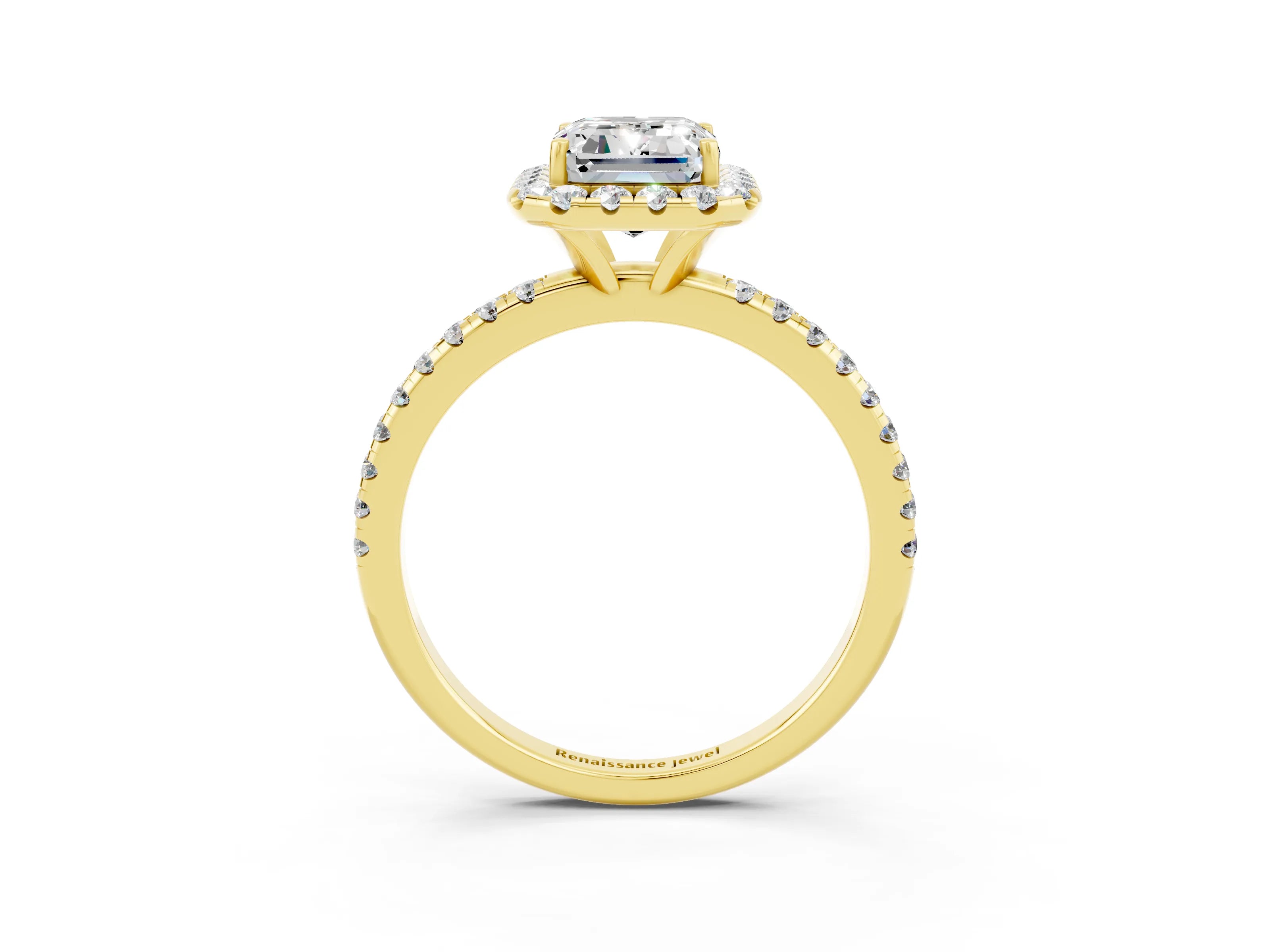 Yellow gold Emerald Cut Halo Round Diamond Pavé Band Four-Prong Ring_3