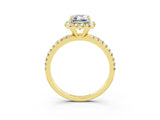Yellow gold Emerald Cut Halo Round Diamond Pavé Band Four-Prong Ring_3