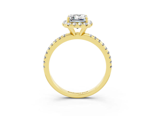 Yellow gold Emerald Cut Moissanite Halo Ring with Round Pavé Band and Prong Setting