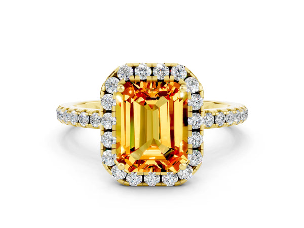 Yellow gold Emerald Cut Citrine Halo Ring with Round Pavé Band and Prong Setting
