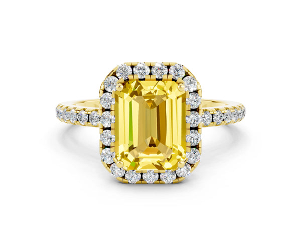Yellow gold Emerald Cut Yellow Sapphire Halo Ring with Round Pavé Band and Prong Setting
