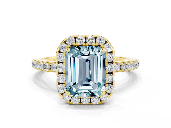 Yellow gold Emerald Cut Aquamarine Halo Ring with Round Pavé Band and Prong Setting