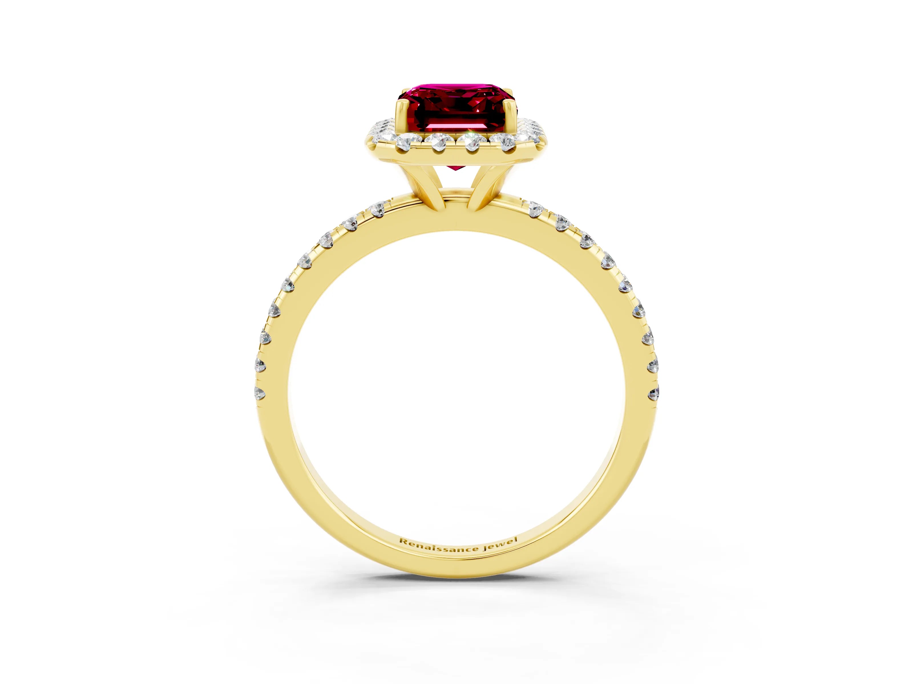 Yellow gold Emerald Cut Halo Round Diamond Pavé Band Four-Prong Ring_3