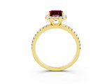 Yellow gold Emerald Cut Halo Round Diamond Pavé Band Four-Prong Ring_3