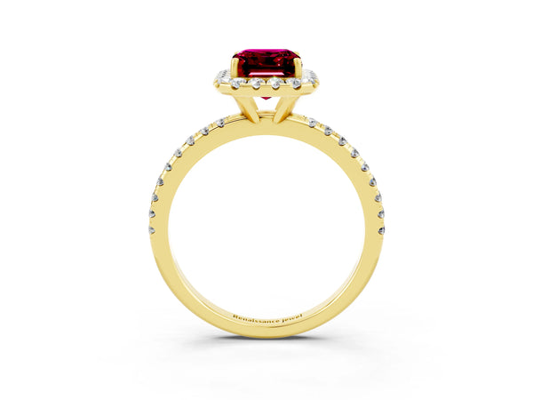 Yellow gold Emerald Cut Garnet Halo Ring with Round Pavé Band and Prong Setting