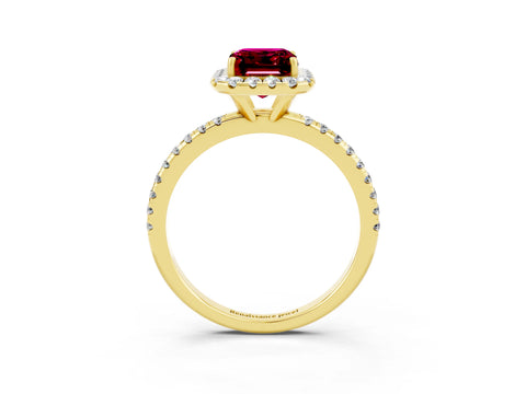 Yellow gold Emerald Cut Halo Round Diamond Pavé Band Four-Prong Ring_3
