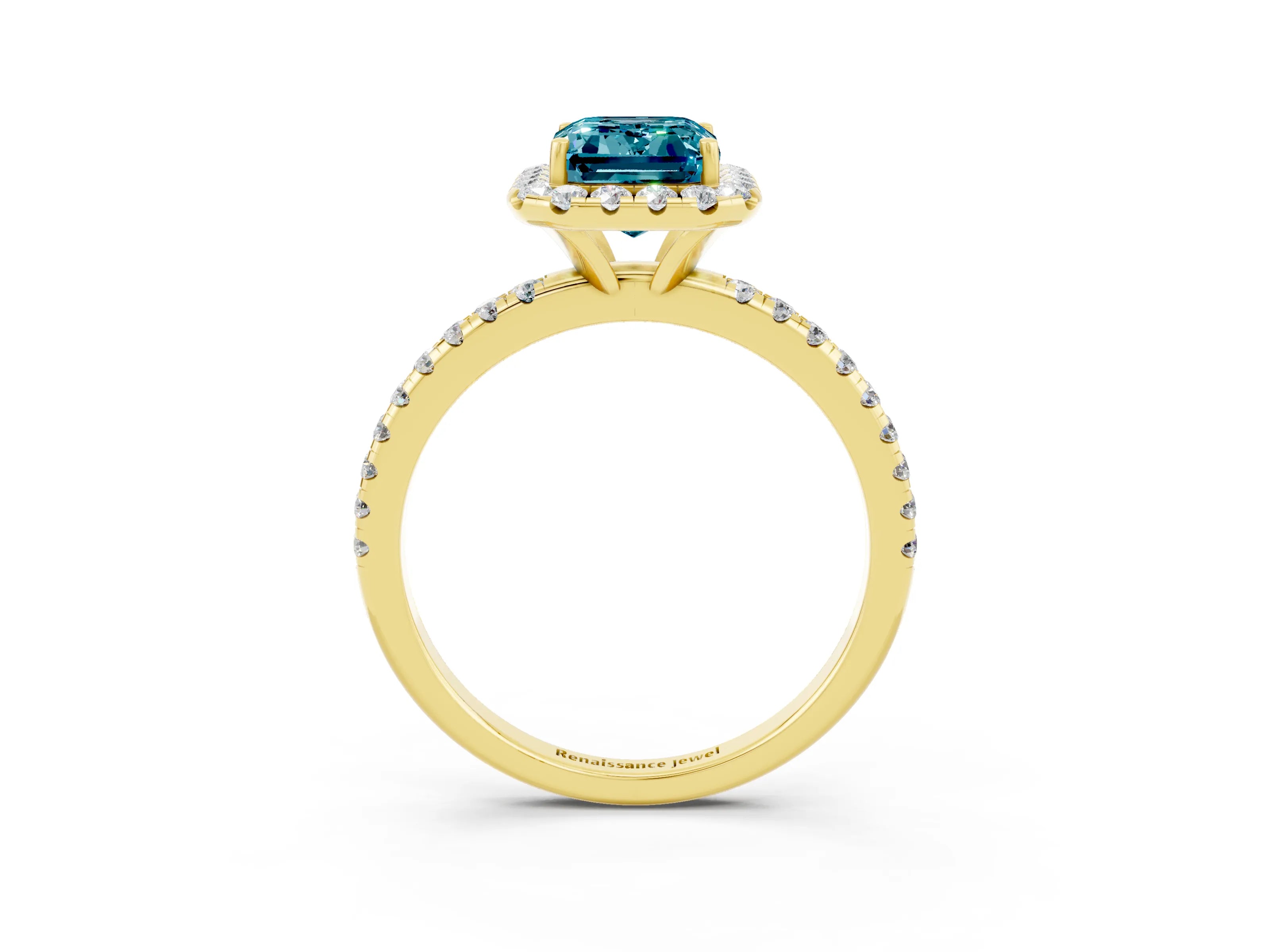 Yellow gold Emerald Cut Halo Round Diamond Pavé Band Four-Prong Ring_3