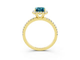 Yellow gold Emerald Cut Halo Round Diamond Pavé Band Four-Prong Ring_3