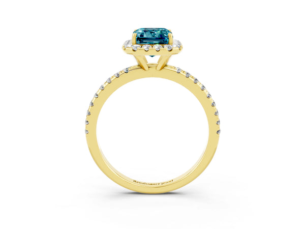 Yellow gold Emerald Cut Halo Round Diamond Pavé Band Four-Prong Ring