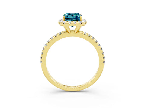 Yellow gold Emerald Cut Halo Round Diamond Pavé Band Four-Prong Ring_3