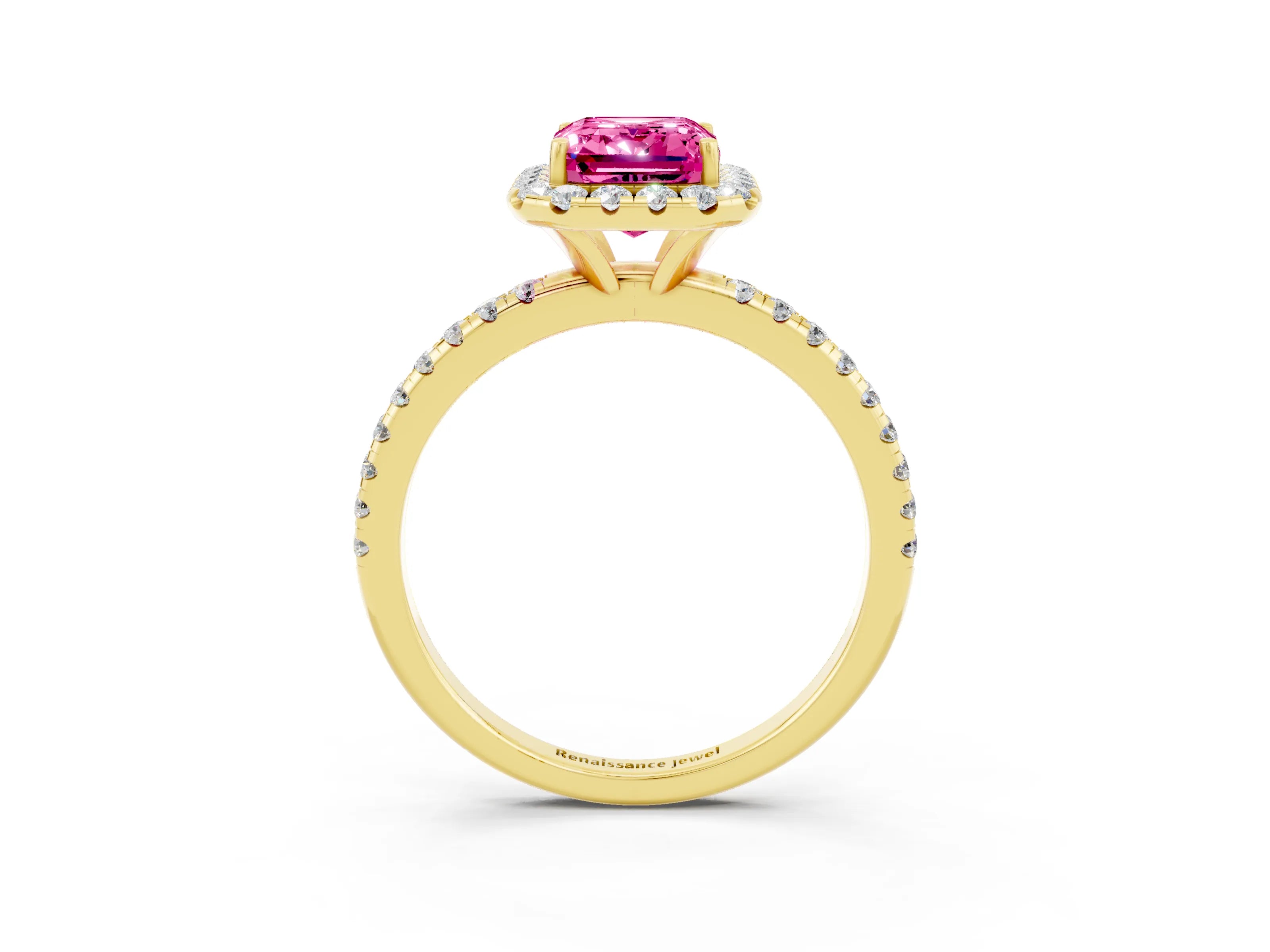 Yellow gold Emerald Cut Halo Round Diamond Pavé Band Four-Prong Ring_3