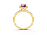Yellow gold Emerald Cut Halo Round Diamond Pavé Band Four-Prong Ring_3